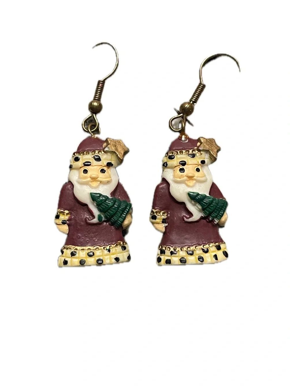 Christmas Santa w/Tree Drop Dangle Earrings - Burgundy & Green & Polka Dots
